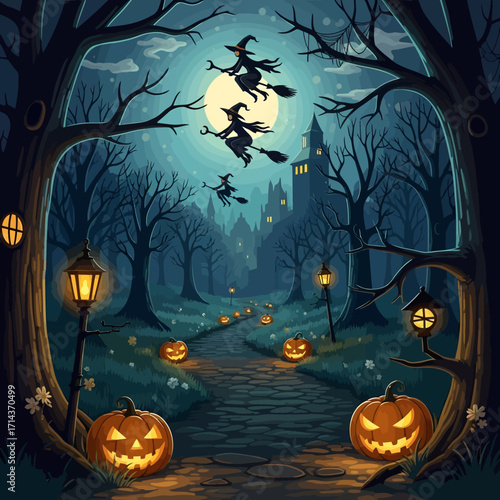A spooky Halloween scene with witches flying over a path lined with jack-o'-lanterns leading to a castle.