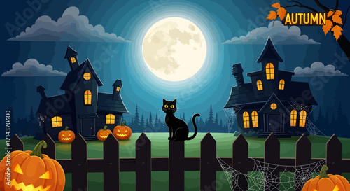 A spooky Halloween night scene with a black cat, haunted houses, and jack-o'-lanterns under a full moon.