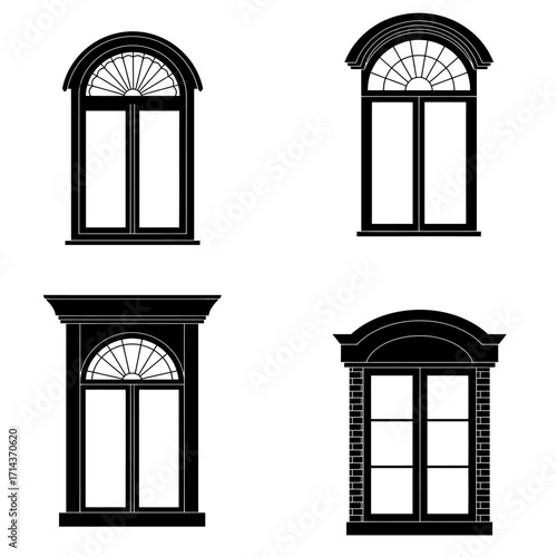 Collection of four ornate architectural window designs featuring arched tops and detailed panes black silhouettes isolated isolated on white background Vector Illustration