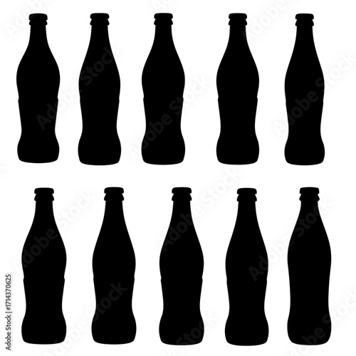 Collection of ten identical silhouette glass bottles displayed in two rows representing beverage packaging and refreshments isolated on white background Vector Illustration