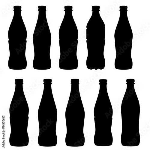 Collection of ten black silhouette glass bottles displayed in two rows ideal for beverage branding and design projects isolated on white background Vector Illustration