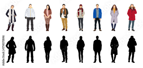 Bundle of modern people wearing Street fashion autumn, winter warm clothes. Men and women in trendy outwear standing and walking. Cartoon characters vector illustration.