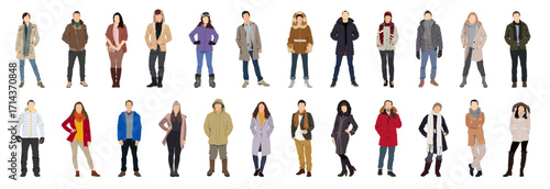 Bundle of modern people wearing Street fashion autumn, winter warm clothes. Men and women in trendy outwear standing and walking. Cartoon characters vector illustration.