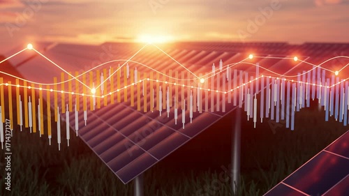 Corporate analytics dashboard with data visualization, solar panels in the backdrop..