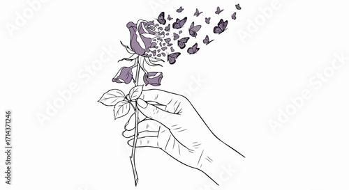 A delicate hand holds a rose, its petals morphing into butterflies, isolated on white background, representing transformation and the beauty of change