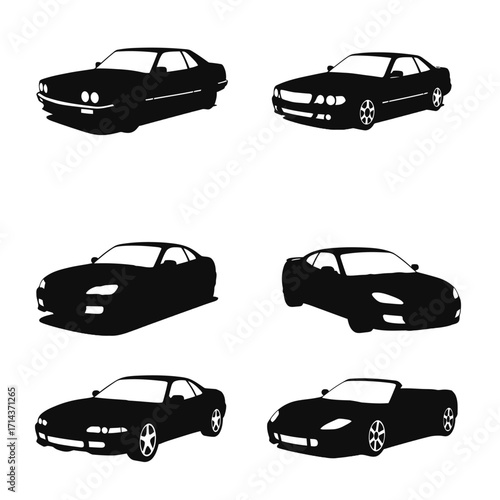 Collection of six distinct silhouette sports cars displayed together as detailed silhouettes for automotive design and graphic applications isolated on white background Vector Illustration