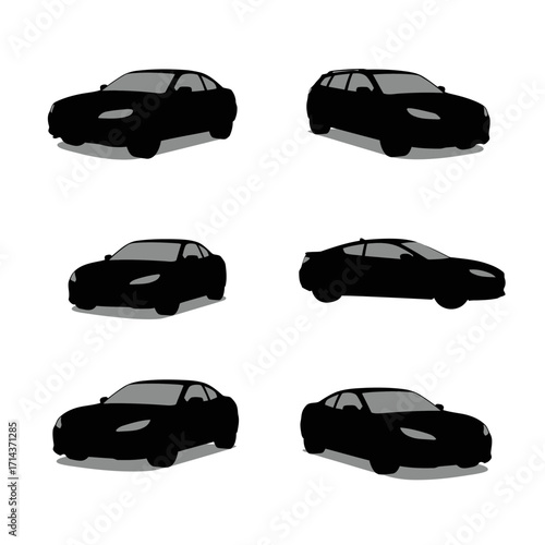 Collection of sleek black sedans and wagons showcasing modern automotive design and dynamic angles isolated on white background Vector Illustration