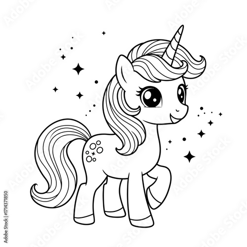Adorable line art cute unicorn fantasy creature magical sparkle starry background for coloring pages and kids designs isolated on white background Vector Illustration