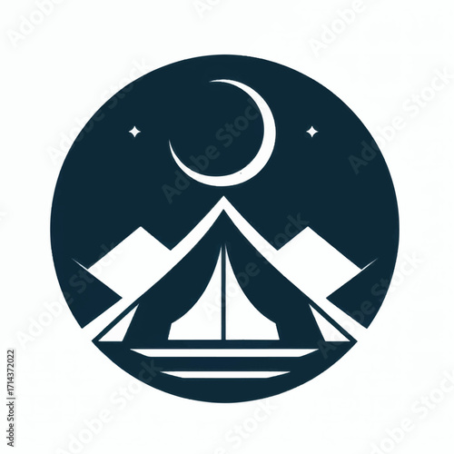 Night Camping Adventure Logo with Mountains Moon and Stars.