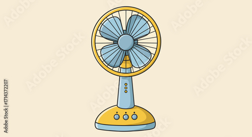 Flat lay illustration of a small desk fan with blue and yellow blades against a beige background, conveying a cool and refreshing mood.