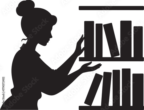  Black silhouette of a librarian shelving books on a white background, clean outline