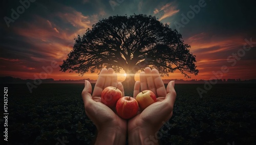 Hands holding apples under a tree at sunset in a field  