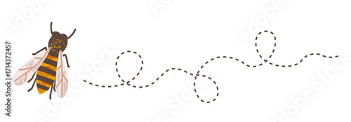 Flying honey bee with dotted trail path