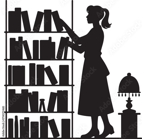  Black silhouette of a librarian shelving books on a white background, clean outline