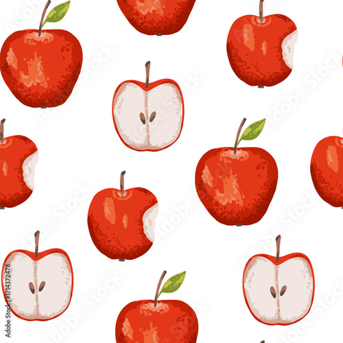 Seamless pattern of red apple fruit whole and bitten