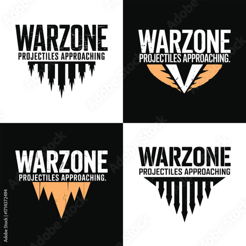 Warzone typography logo set with falling missiles and bold grunge lettering for gaming military emblem poster and t shirt design concepts