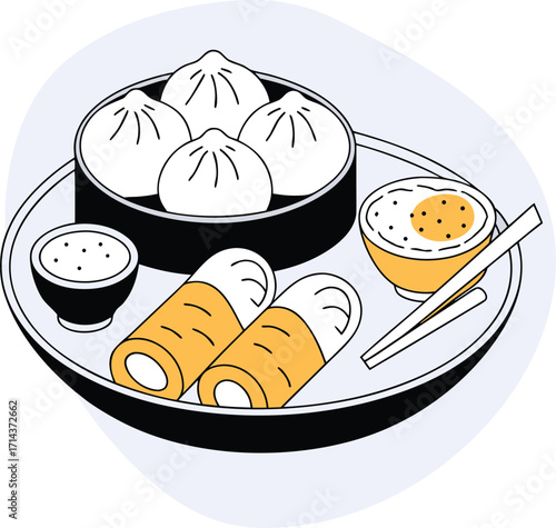 Steamed Dumplings Spring Rolls and Rice Bowl on a Plate Keywords: dumplings, food, asian food