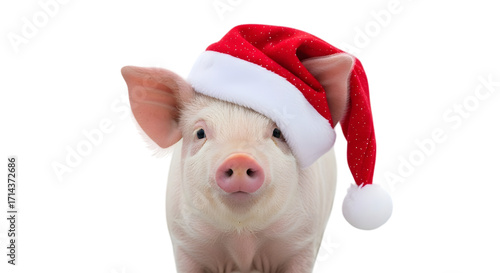 Fototapeta Naklejka Na Ścianę i Meble -  Cute piglet wearing a santa hat, isolated on transparent background, perfect for christmas and new year celebrations