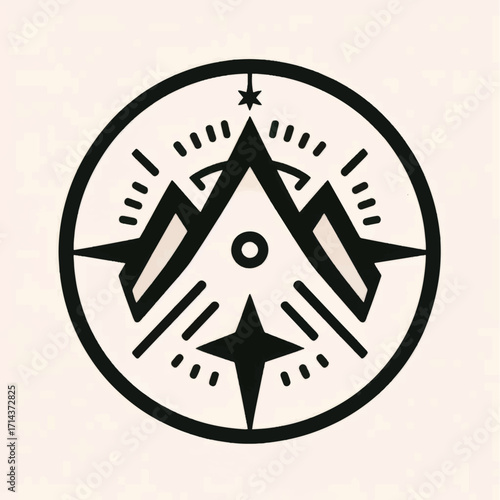 Stylized Mountain Compass Emblem with Star and Geometric Elements.
