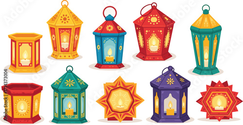 Flat vector illustration of traditional lanterns used in Día de las Velitas celebration
