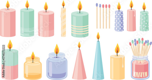 Colorful decorative candles and matches vector illustration set