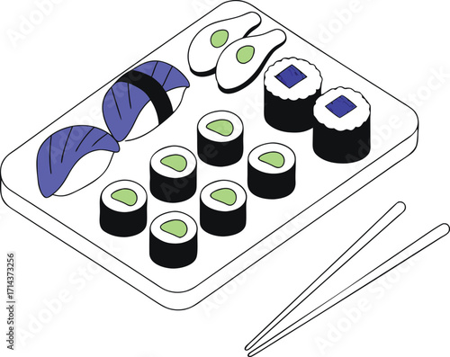 Sushi platter with nigiri, maki rolls, and avocado slices Keywords: sushi, japanese food, cuisine