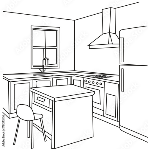 smart and modern kitchen line art vector.