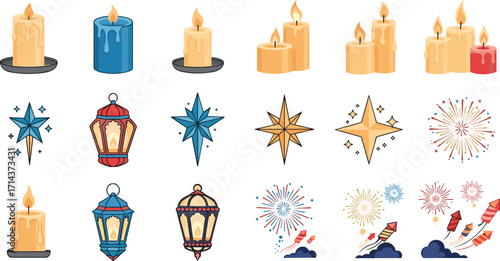 Vector icon set of Día de las Velitas symbols: candles, lanterns, stars, and fireworks