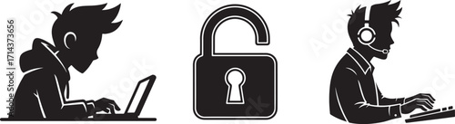 Cybersecurity User Roles Vector Illustration

Hacker, Open Lock, and Gamer Silhouettes

IT Professional and Cyber User Icons

Black and White Technology User Profiles