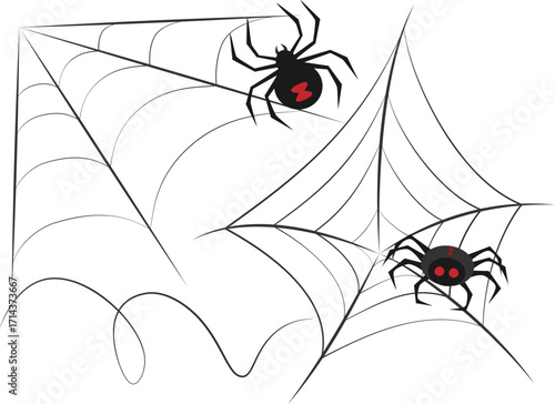 Graphic set of two black widow spiders on intricate webs. Red hourglass, red eyes, perfect for Halloween designs.