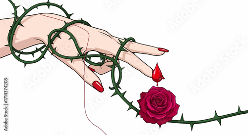 A hand entwined with a thorny vine, a single drop of blood falling onto a red rose, isolated on white background, creating a poignant scene