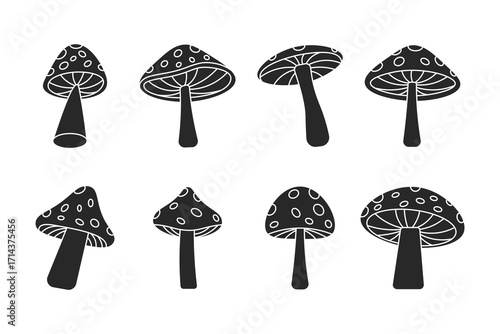 Set of Mushroom Silhouette Icons – Black Solid Fungus Vector Illustration