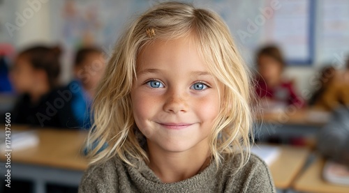 A portrait of an adorable little girl smiling at the camera, sitting in her classroom with other children behind her. She has blonde hair and blue eyes, wearing casual .