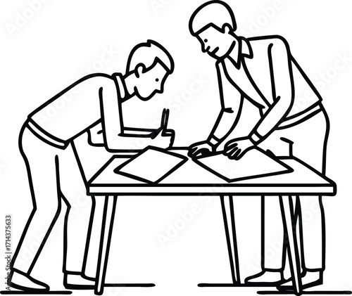 Two individuals collaborating at a desk reviewing documents and writing notes vector