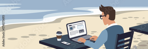Digital nomad with laptop and coffee at beach café vector illustration