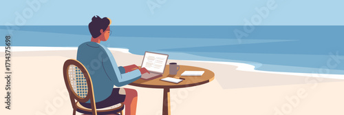 Digital nomad at wooden table with laptop and coffee vector illustration