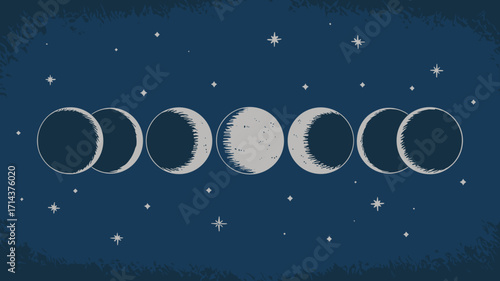 Eight moon phases vector with starry deep blue background