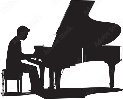  Black silhouette of a pianist playing piano on a white background, clean vector