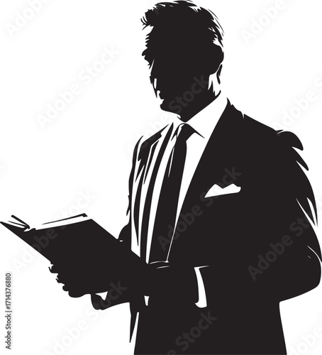  Black silhouette of a politician giving speech on a white background, clean vector