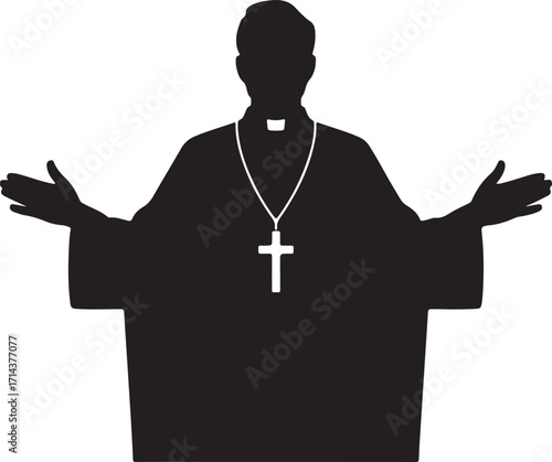 Black silhouette of a priest preaching on a white background, vector style