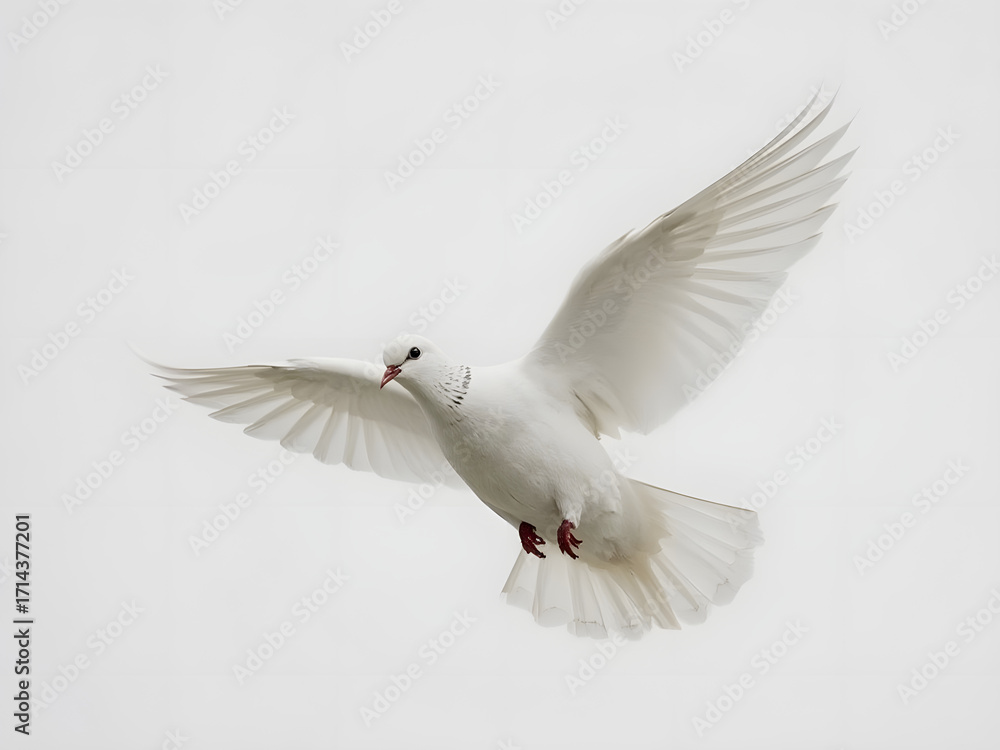 Fototapeta premium Soaring White Dove: A pristine white dove gracefully glides through the sky with outstretched wings, a timeless symbol of peace and freedom. 