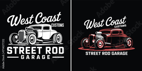 West Coast customs street rod garage vintage hot rod car illustration for retro t shirt design and automotive branding