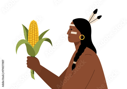 Illustration of a person in profile holding an ear of corn