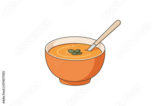 Orange soup in a bowl with a spoon and seeds