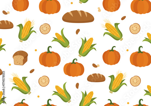 Seamless pattern of autumnal harvest food pumpkins corn bread