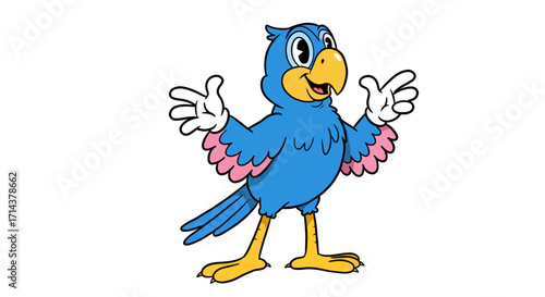Friendly blue cartoon parrot standing with open wings against a white background,  full body illustration in a cheerful style.
