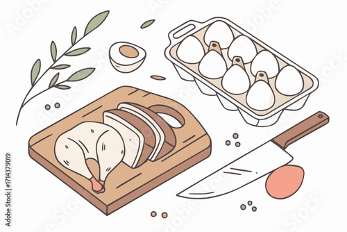 Fresh Chicken Meat and Eggs – Minimal Flat Vector Illustration for Healthy Cooking