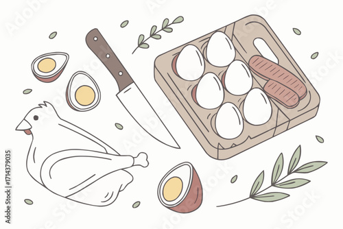 Fresh Chicken Meat and Eggs – Minimal Flat Vector Illustration for Healthy Cooking