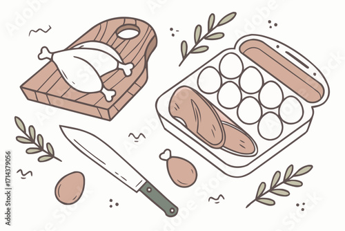 Fresh Chicken Meat and Eggs – Minimal Flat Vector Illustration for Healthy Cooking