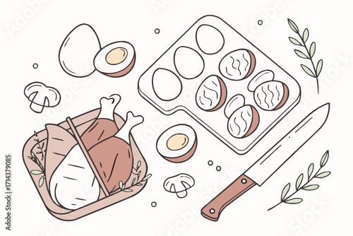 Fresh Chicken Meat and Eggs – Minimal Flat Vector Illustration for Healthy Cooking